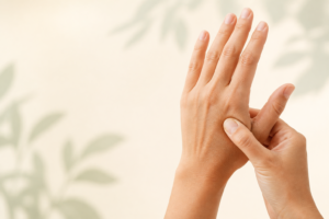 Illustration showing the LI4 Hegu point in the web space between the thumb and index finger