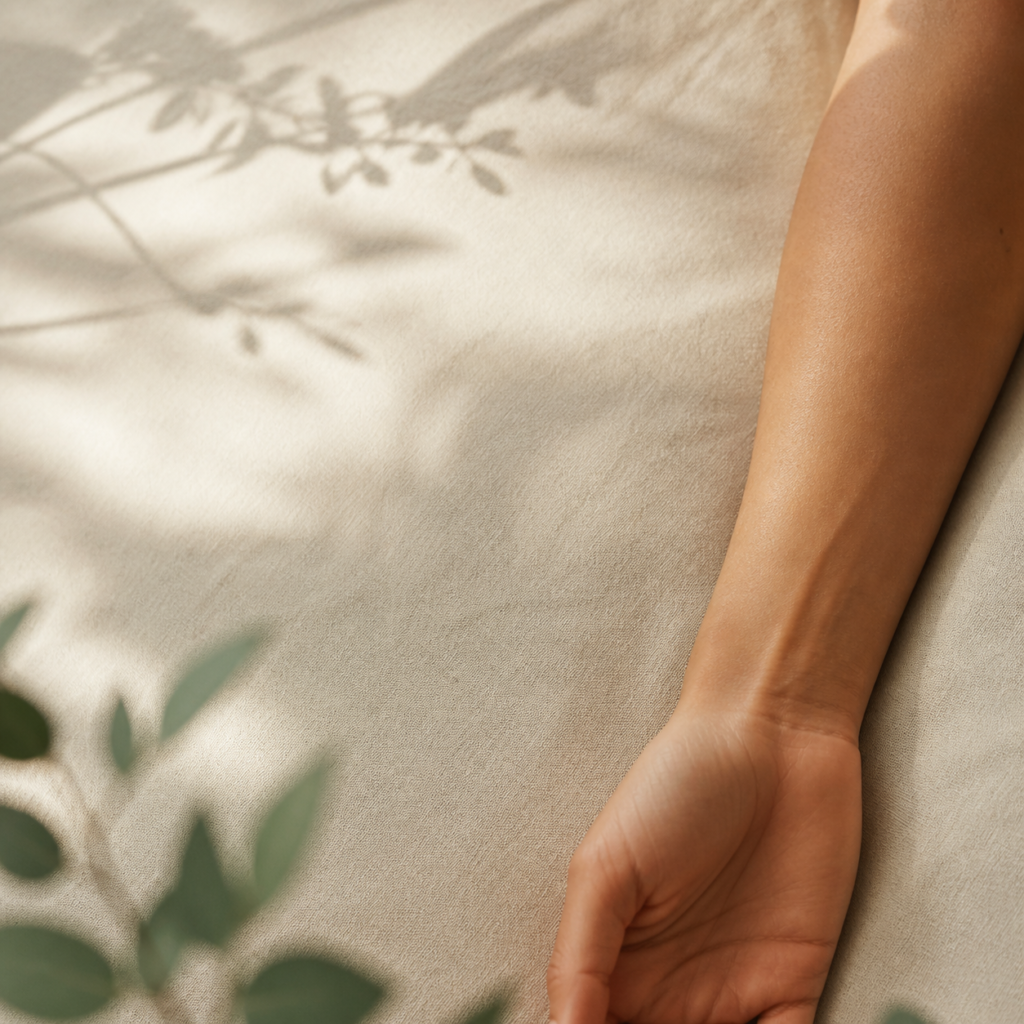 Illustrative forearm resting on cream linen for an LI9 Shanglian Traditional Chinese Medicine overview