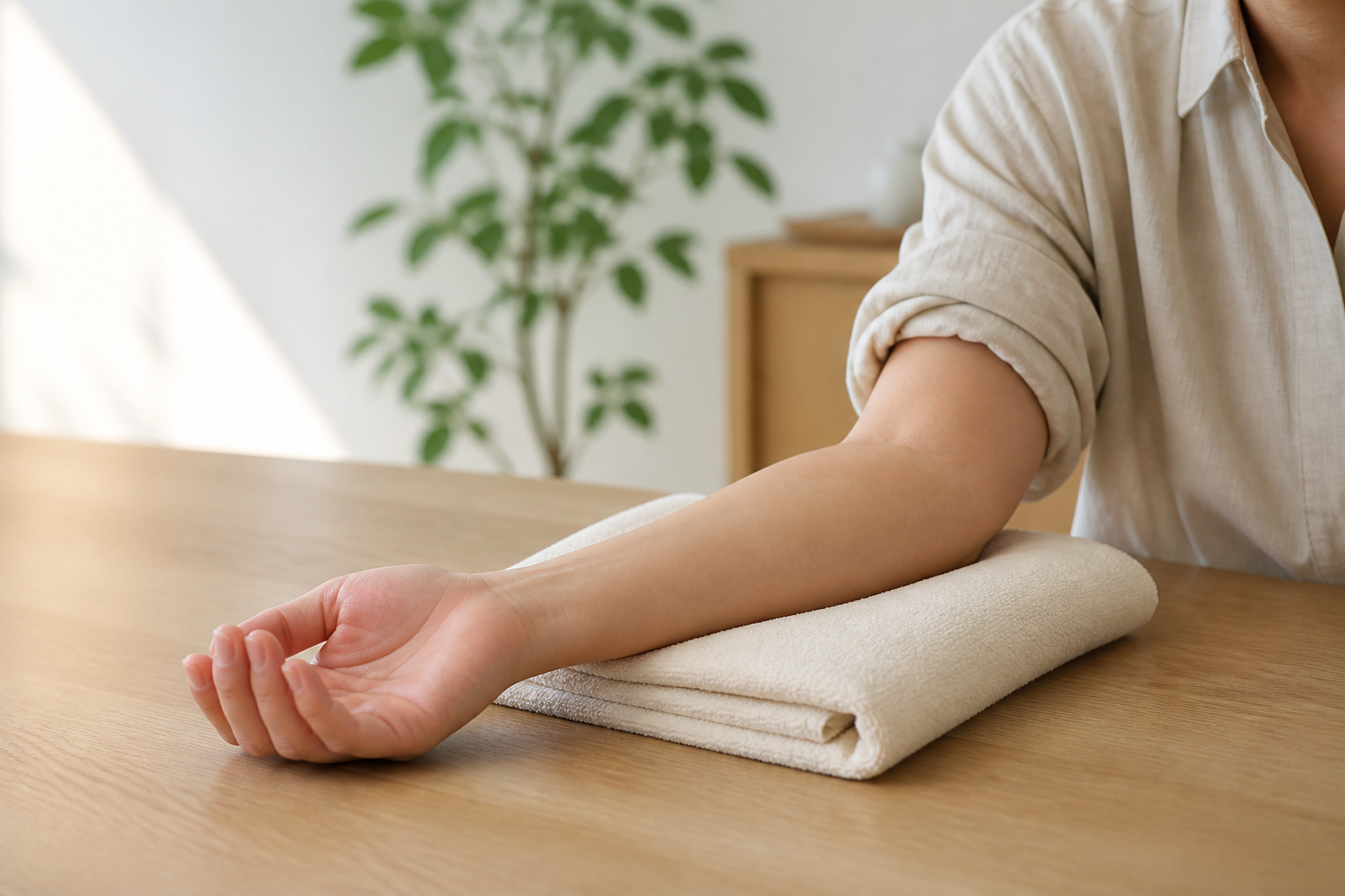 Illustrative forearm resting on a folded towel in a calm wellness setting