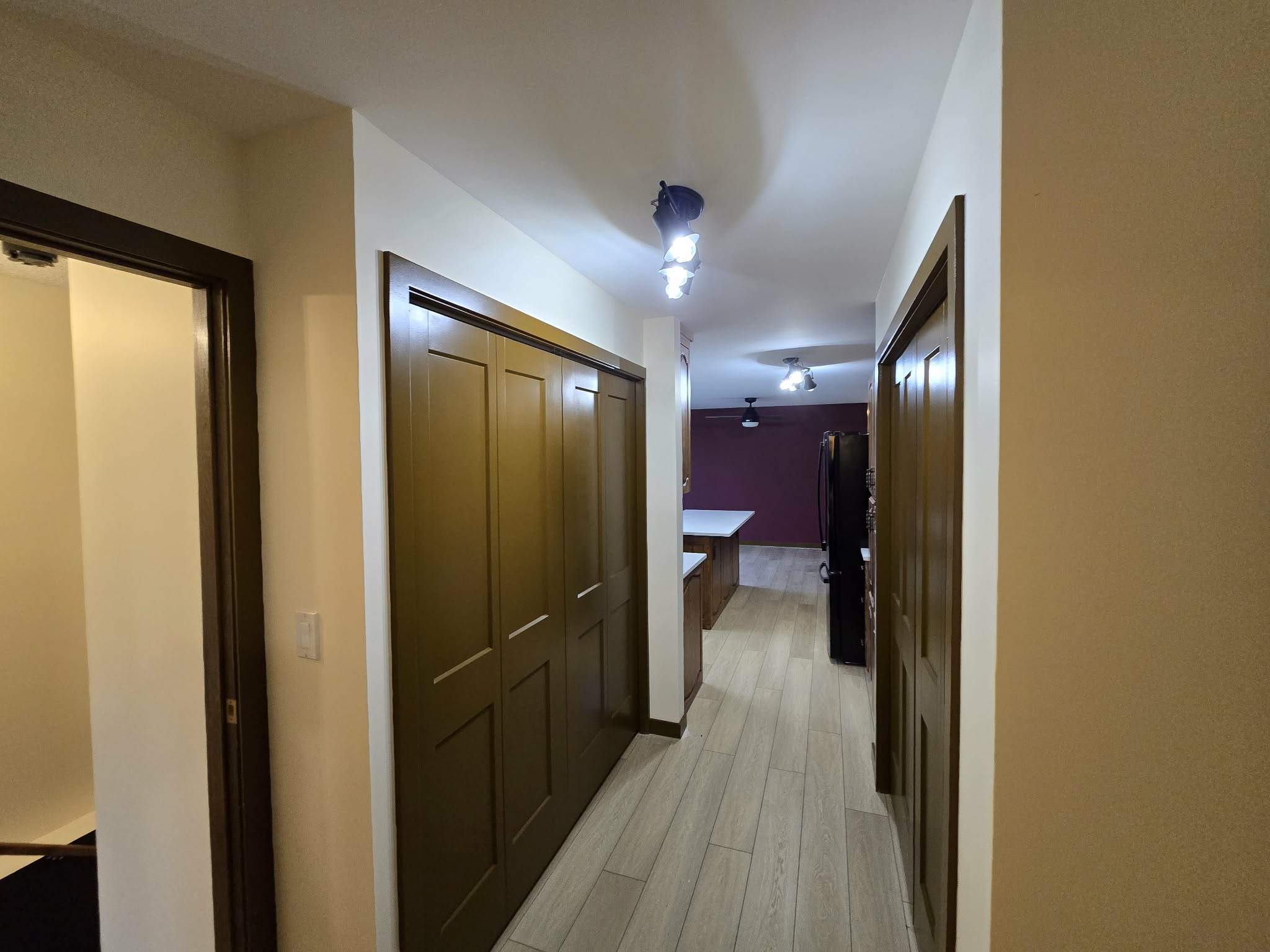 Hallway with continuous light flooring, painted walls and dark-finished doors